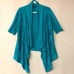 Eileen Fisher Linen/Silk Open Front Waterfall Cardigan in Turquoise. Sz S